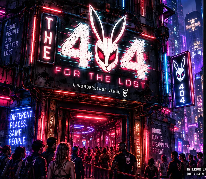 The 404 at night, the rabbit-head sign lit over the queue