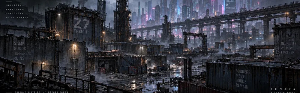 Freight Complex Z7 in the Nether Zones under rain, the crashed transport's smoke rising between the cargo rails