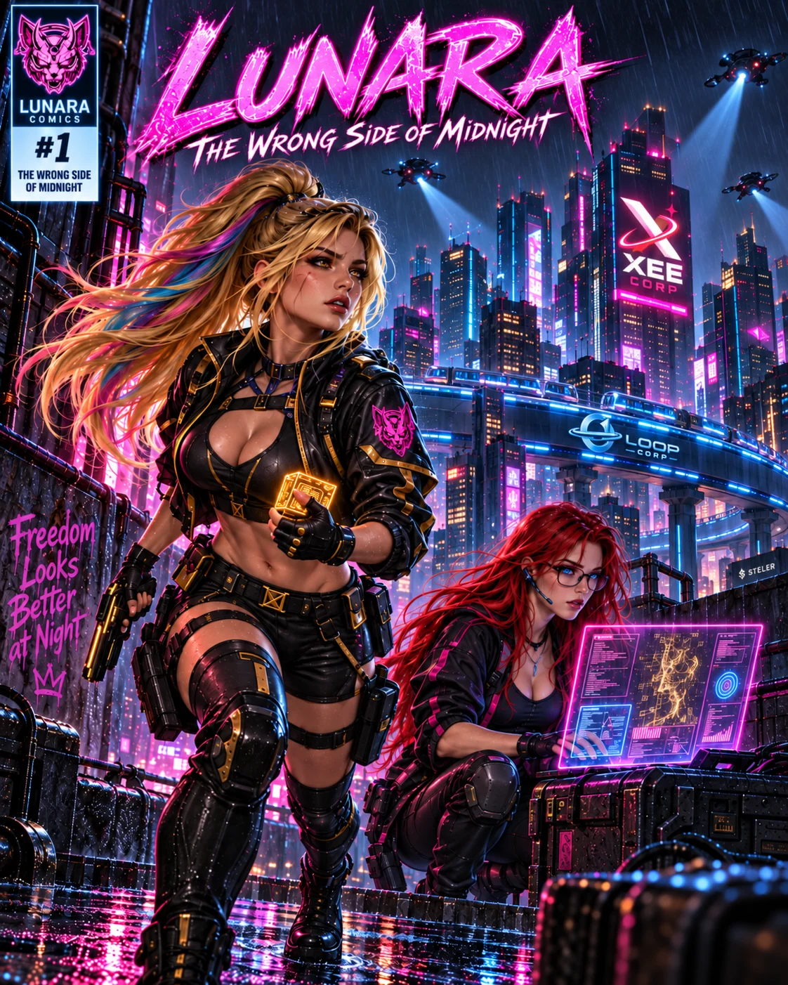 LUNARA — The Wrong Side of Midnight, Issue #1 cover: Lunara moving through the rain with a golden data block in hand, Sprite behind her at a holographic console, Neon City's towers lit in magenta and cyan