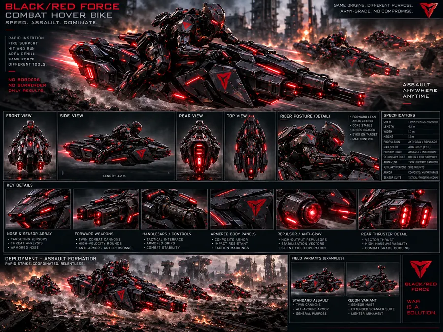 Black/Red Force combat hover bike sheet: front, side, rear and top views, rider posture, key details of sensors, weapons and thrusters, assault formation