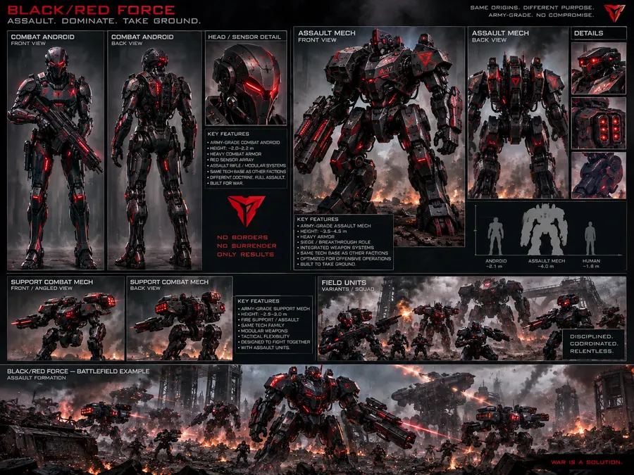 Black/Red Force sheet: combat android front and back, head sensor detail, assault mech front and back, support mech, field units and a battlefield example