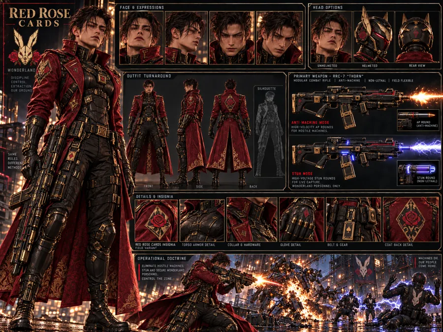 Red Rose Cards field operative sheet: a man in a red coat with card insignia, face and helmet options, outfit turnaround and the Thorn rifle