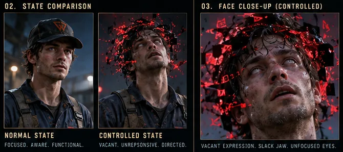Two portraits of the same Wonderlands worker: on the left focused and aware; on the right vacant, with black-and-red digital fragments swarming around his head, and a close-up of his unfocused eyes