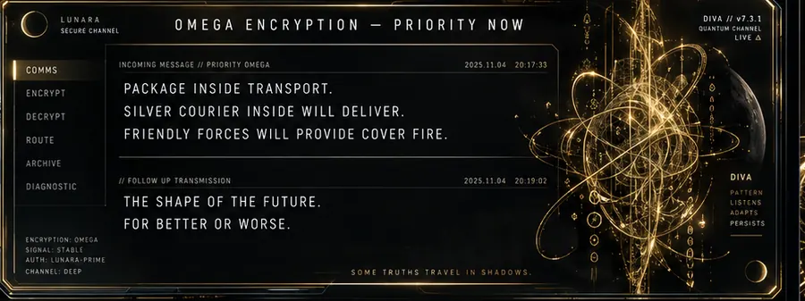 Diva communications HUD: the Omega Encryption — Priority Now interface with the incoming message and a golden code-form on the right