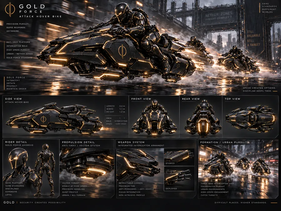 GOLD Force attack hover bike concept board: a black bike with gold light lines, side, front, rear and top views, rider in gold-lined armor, retractable cannon, urban pursuit formation