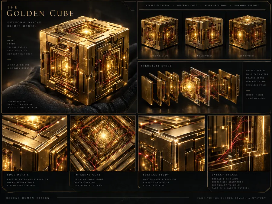 The Golden Cube sheet: the cube held in a gloved hand, front, angle and rear views, structure study of nested plates, edge, core, surface and energy-trace details