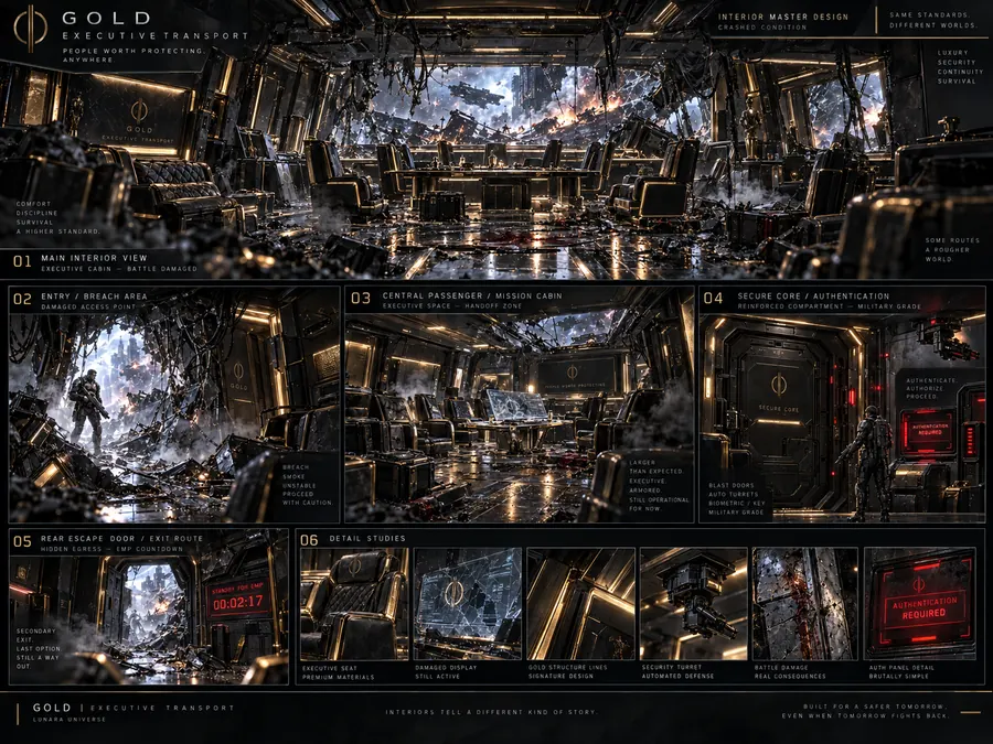 GOLD Executive Transport interior sheet: main cabin, entry breach, central passenger cabin, secure core door, rear escape door with EMP countdown, detail studies