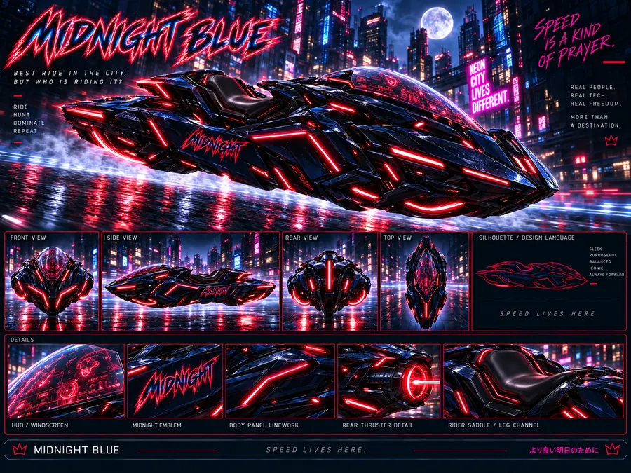 Midnight Blue design sheet: the hover bike at speed with front, side, rear and top views, silhouette, and detail panels of the HUD, emblem, body linework, thruster and saddle