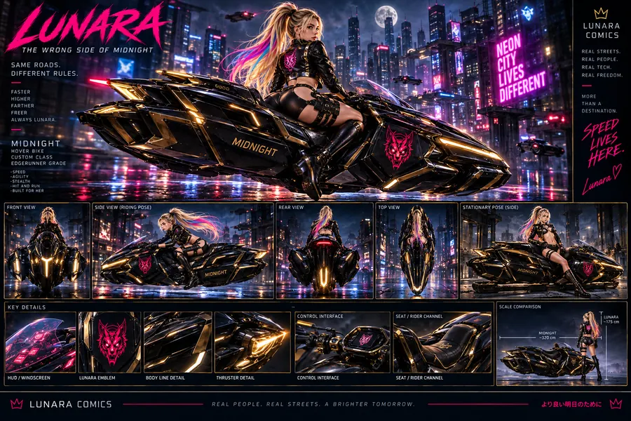 Lunara and Midnight blueprint: Lunara seated on the hover bike, riding and stationary poses, four views with rider, control interface, seat channel and scale comparison