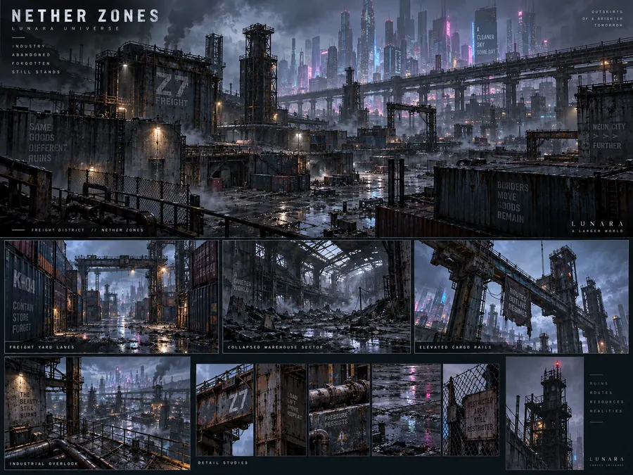 Nether Zones site survey: the ruined freight complex Z7 under rain, with freight yard lanes, collapsed warehouse, elevated cargo rails and detail studies
