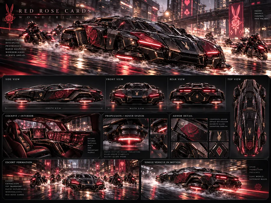 Red Rose Cards hovercar design dossier: a long armored black-and-red hover limousine with rose insignia, side, front, rear and top views, cockpit, hover system and escort formation