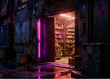 A dark neon store with its back door ajar