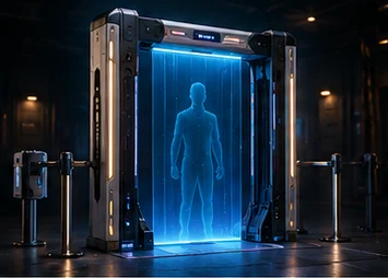 A venue door scanner arch reading a silhouette