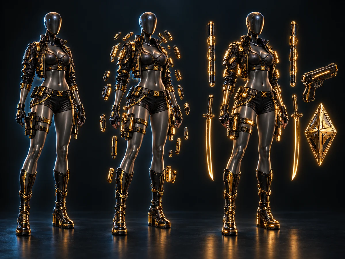 Zero Space on three mannequins — stored, snap, armed — with the rods, sword, pistol and shield laid out beside them