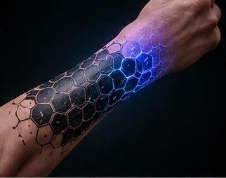 Digital ink on a forearm, pattern mid-change