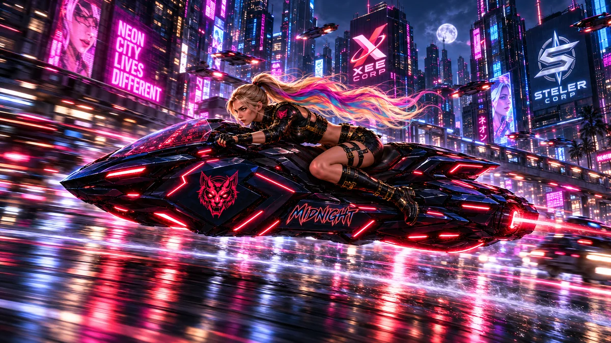 Lunara astride Midnight, the bike's red lines lit, the MIDNIGHT livery glowing on the flank
