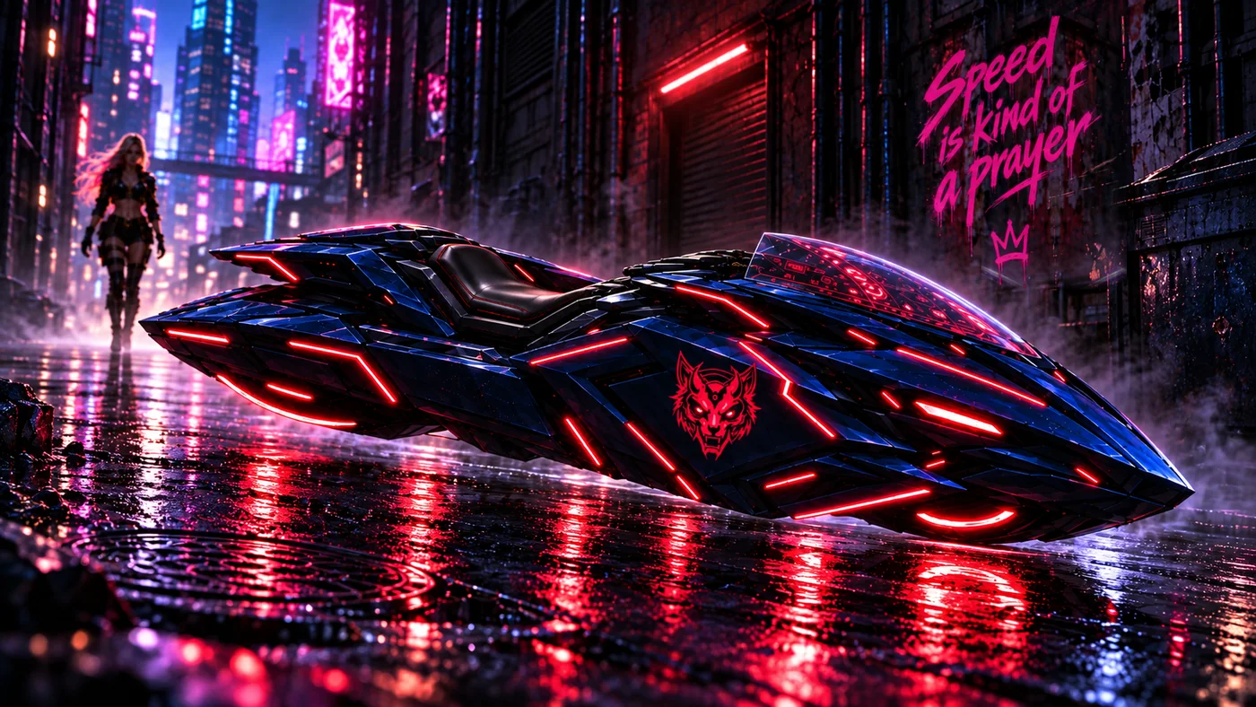 Midnight hovering in a rain-soaked alley, red light lines on midnight-blue armour, the fox on its flank, Lunara walking toward it; crown-tag graffiti on the wall reads Speed is kind of a prayer
