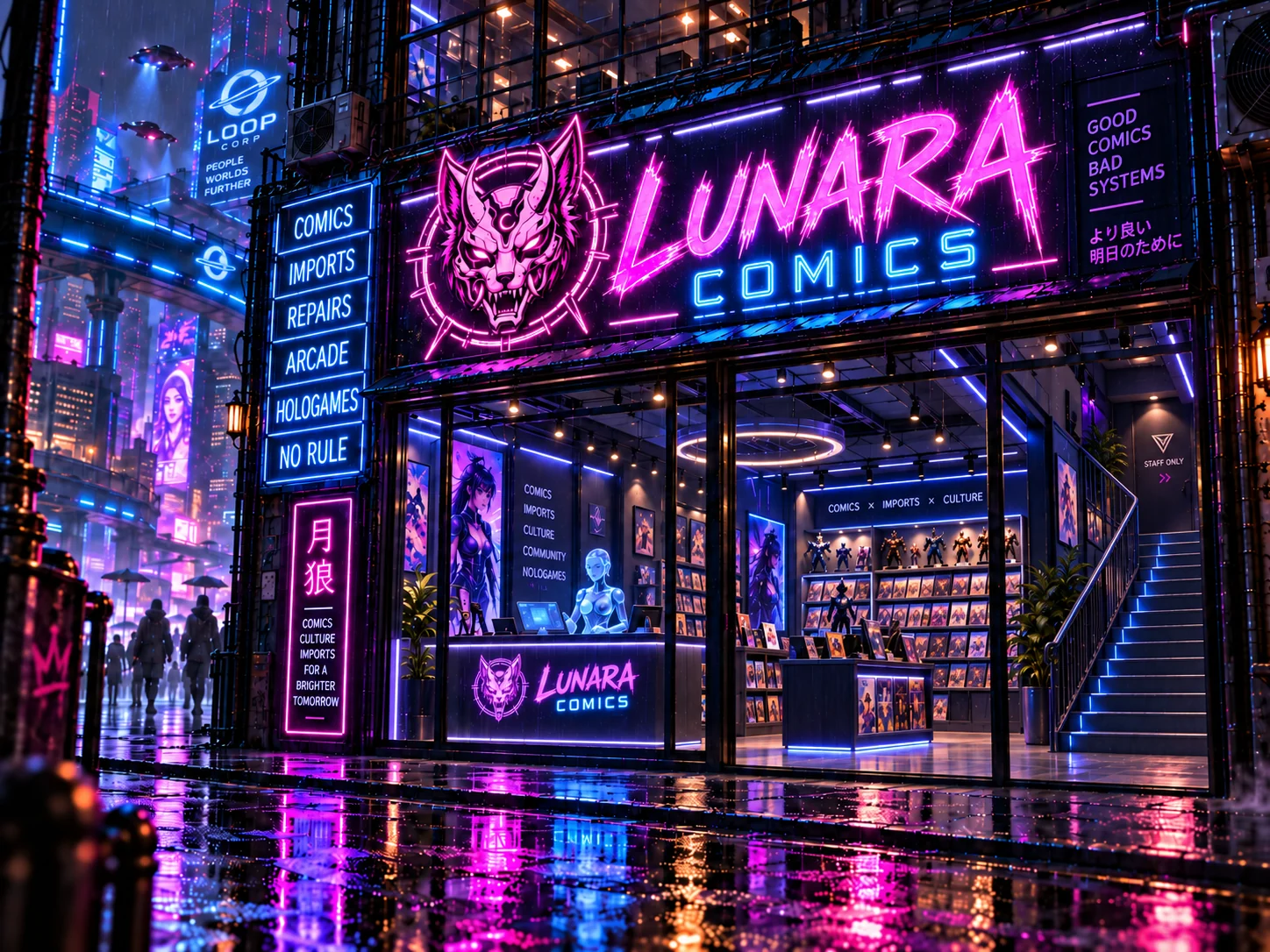 Lunara Place, a Dark Neon Store on a rain-soaked street, its Lunara Comics sign glowing