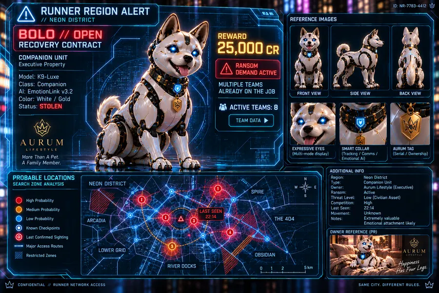 Runner Net BOLO for Aurum, a white and gold K9-Luxe companion unit, reward 25,000 CR