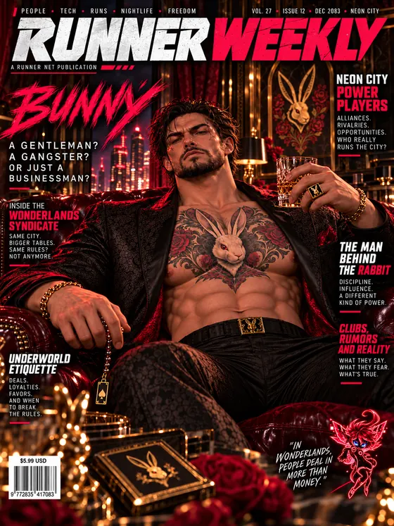 Runner Weekly, Issue 12: Bunny, head of the Wonderlands Syndicate, at ease with a drink, the white rabbit inked across his chest. “A gentleman? A gangster? Or just a businessman?”