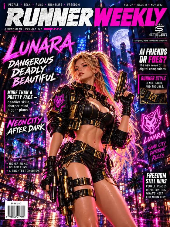 Runner Weekly, Issue 11, cover A: Lunara, gun raised, black and gold against Neon City at night. “Dangerous. Deadly. Beautiful.”