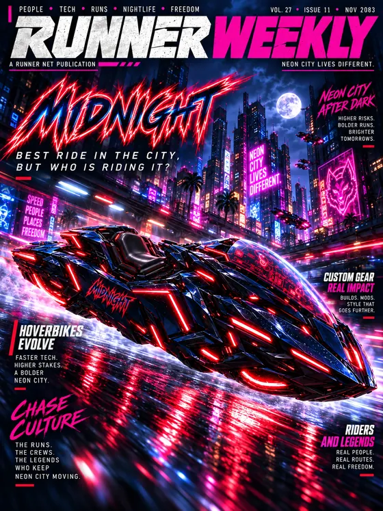 Runner Weekly, Issue 11, cover C: the hover bike Midnight at speed, red light on wet asphalt. “Best ride in the city, but who is riding it?”