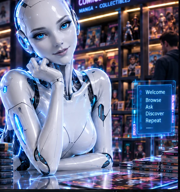 Sil-101, a white and silver android with blue eyes, resting her chin on her hand behind the counter at Lunara Place