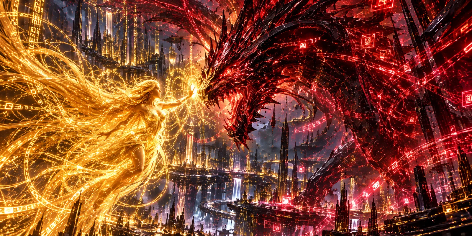 A hologram: a figure of golden light reaching out a hand toward a dragon of black and red code, over a city