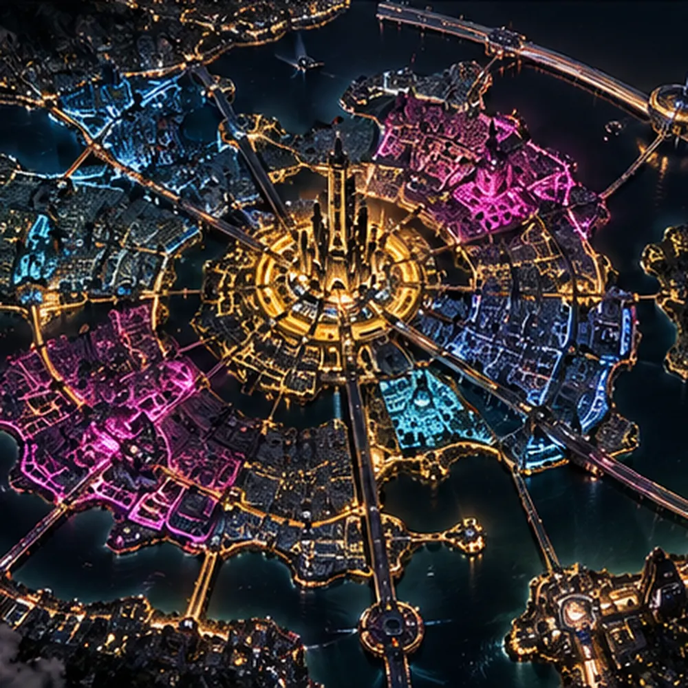 Neon City from above: a golden hub, magenta and blue districts, the ring road and the water