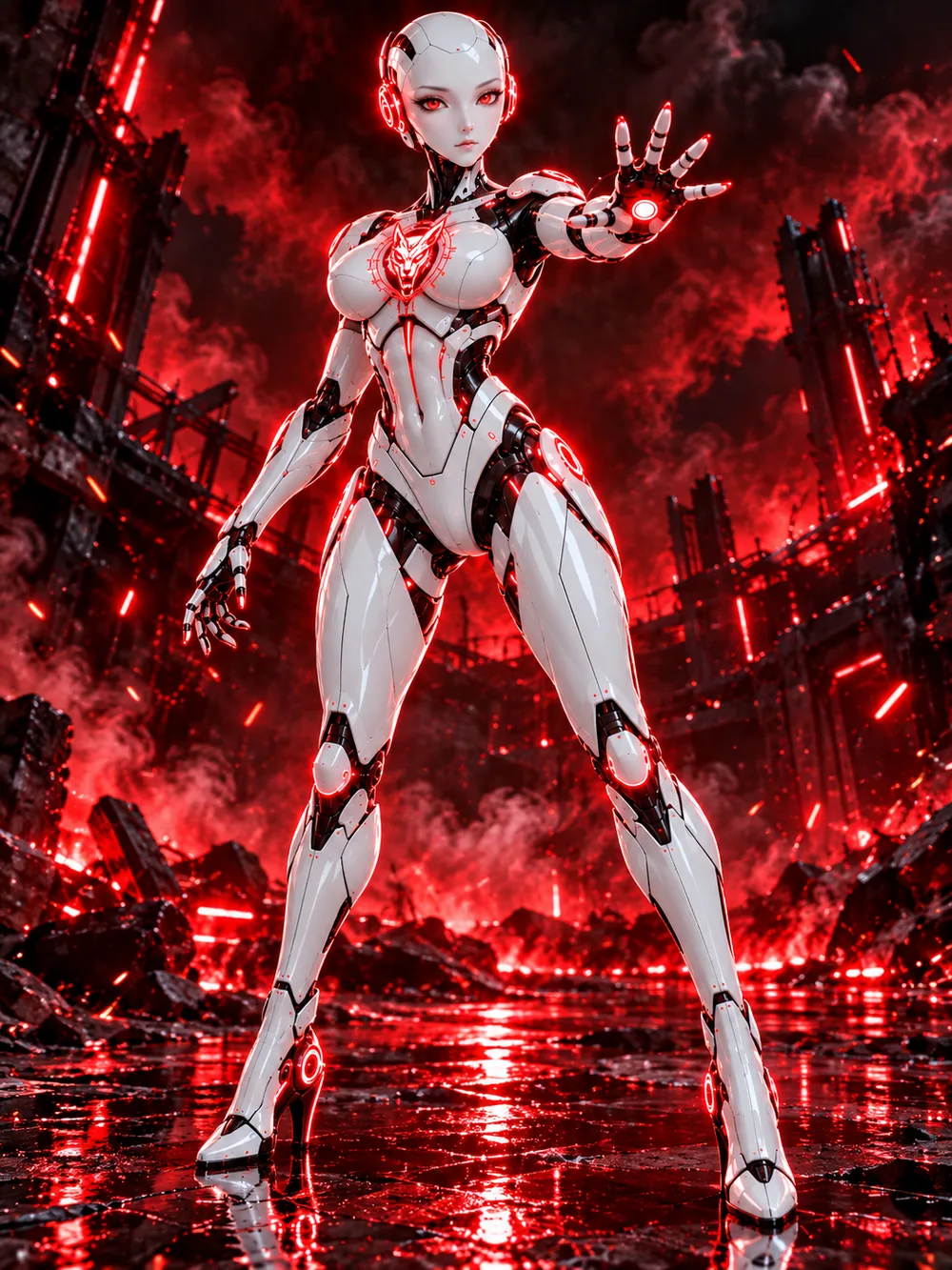Sil-101 in defense mode: red light, the fox lit on her chest, one hand raised
