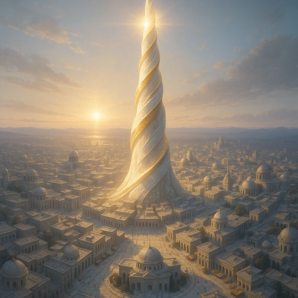 Banners and sigils of rival Orders gathering in a citadel square.