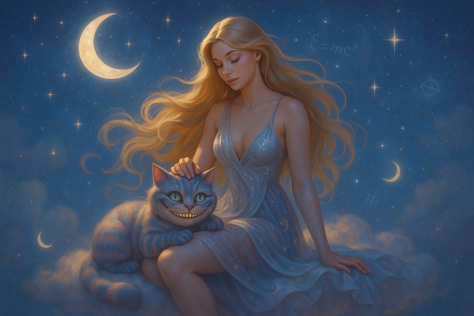 Lunara seated among stars with a smiling moonlit cat; gentle surreal glow