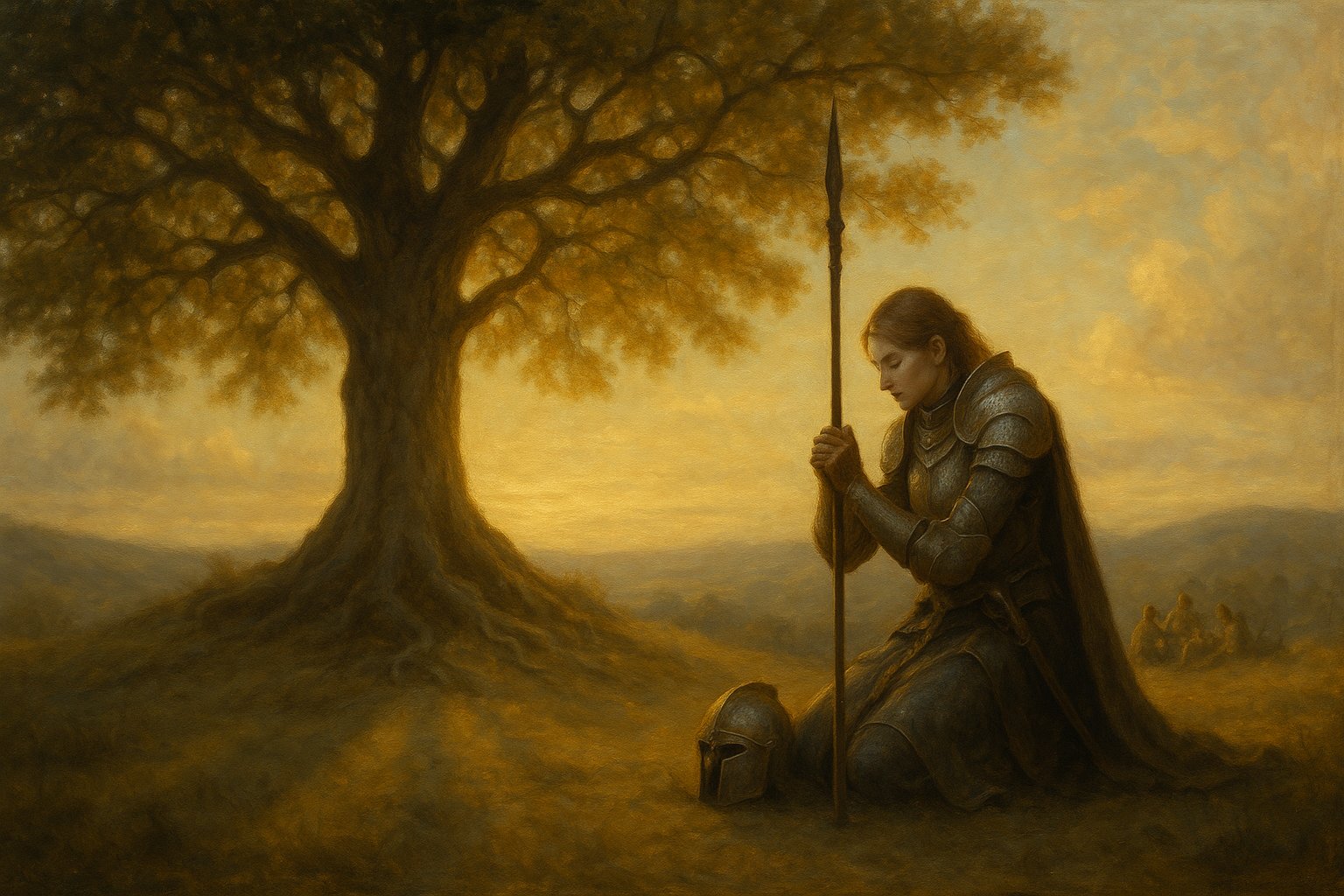 A lone, majestic tree on the path of Terre, shafts of light through boughs.