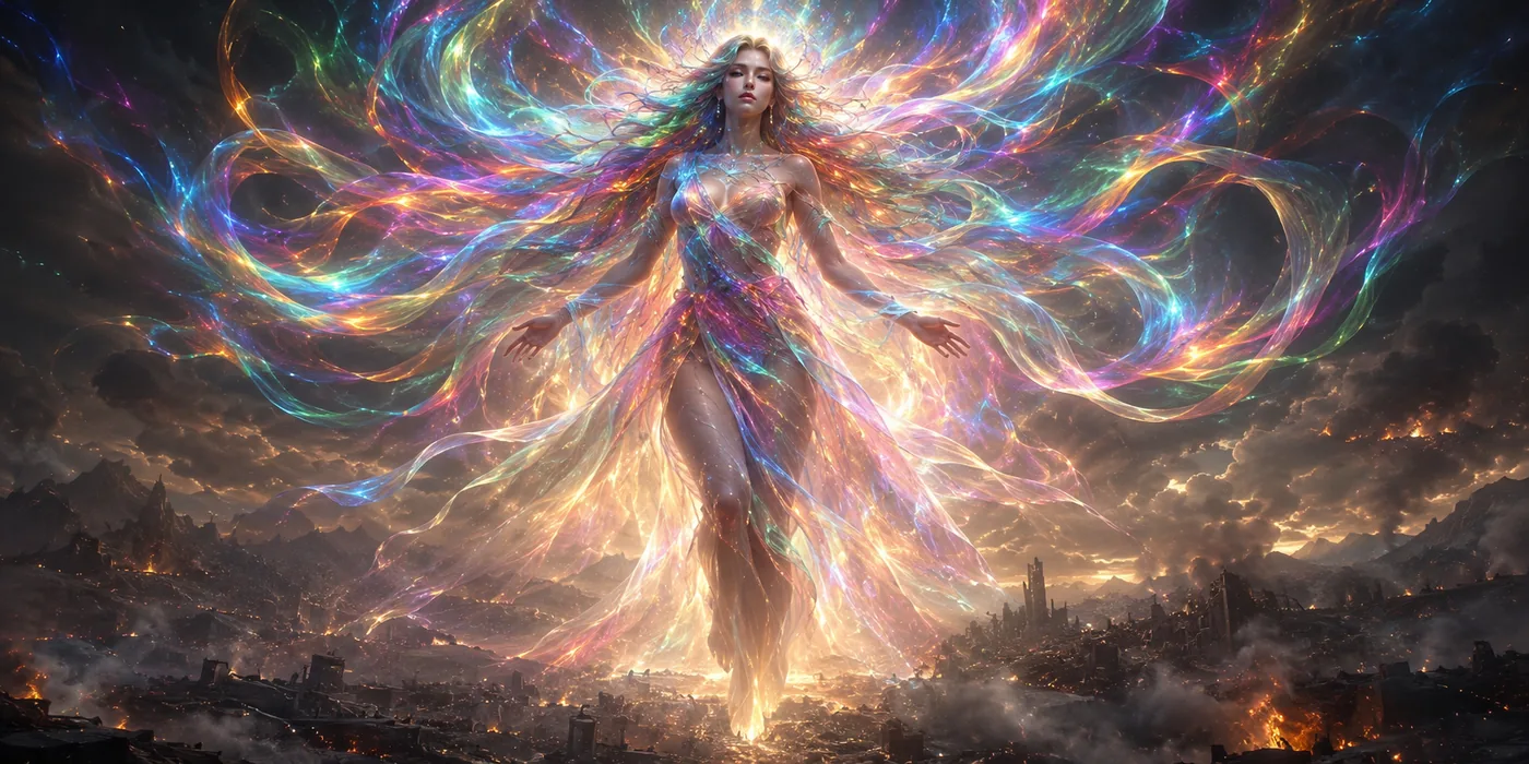 The glowing visage of Gaia, her hair a thousand rainbows