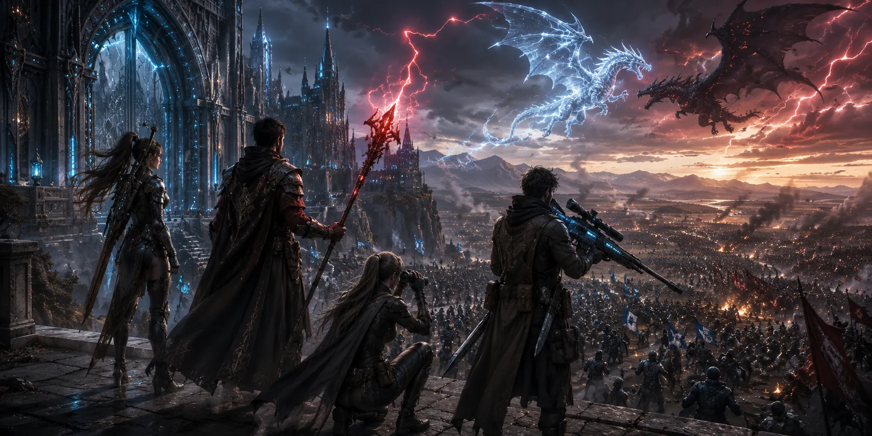 A party of adventurers on the road to a spired city at dusk — the game, being played under the rules