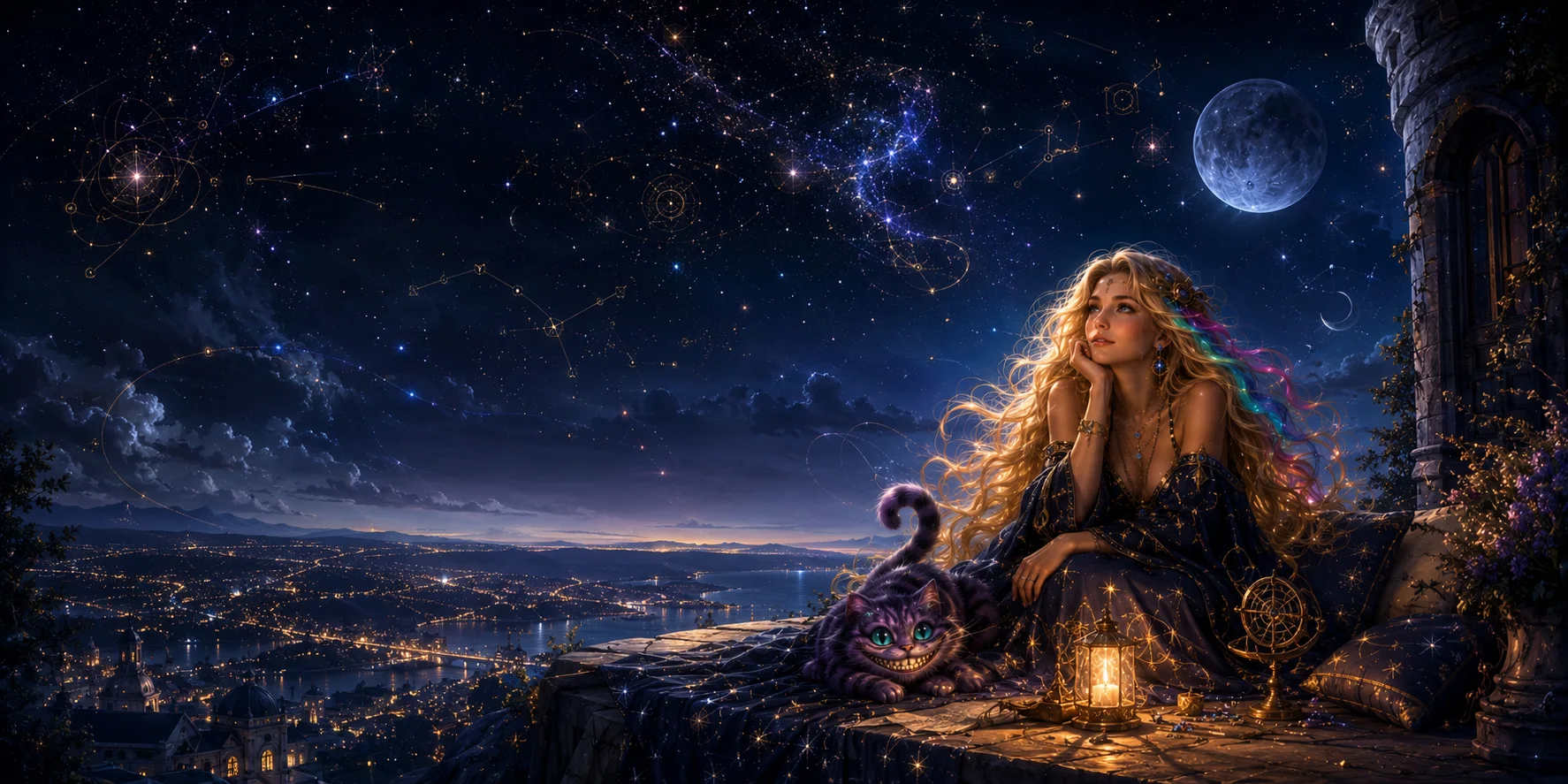 Lunara at night on a tower ledge above the sleeping city, the grinning moon-cat beside her, a lantern burning, constellations wheeling overhead