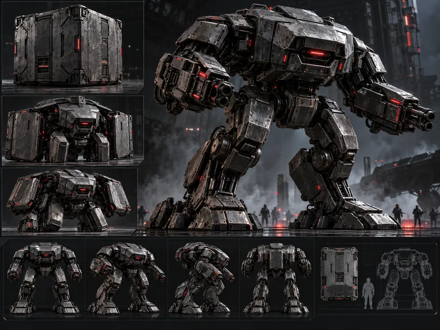The Berta concept sheet: an armored deployment cube unfolding into a heavy walking battle machine, with red sensor slits and twin rotary cannons