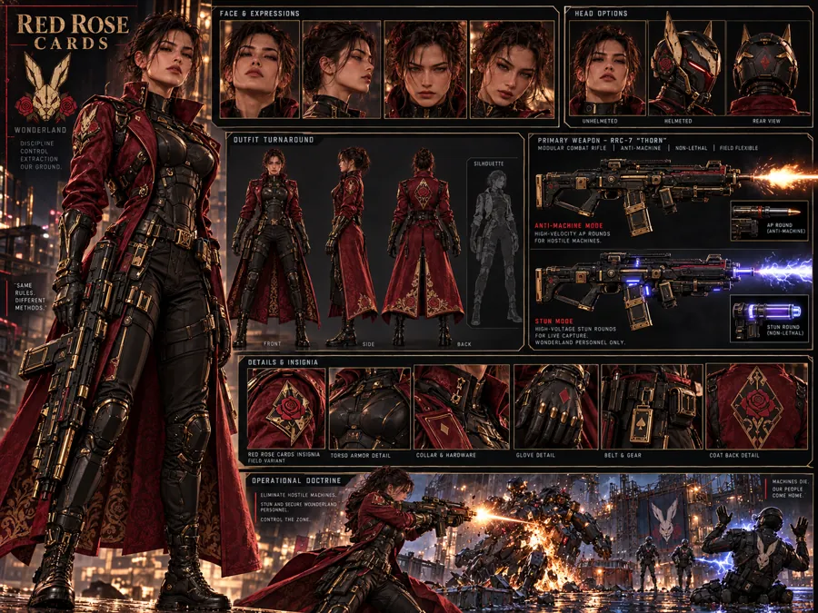Red Rose Cards field operative sheet: a woman in a long red coat with rose and card insignia, helmet options, and the RRC-7 Thorn rifle in anti-machine and stun modes