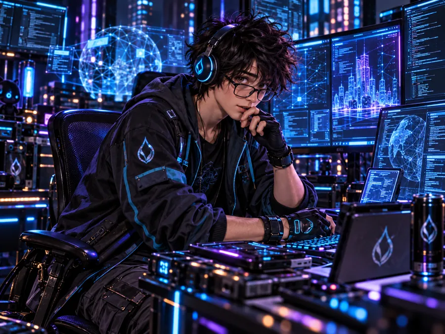 Dexio at his command centre: messy black hair, glasses, headphones, a hoodie with the Droplet mark, a wall of blue screens and energy drinks