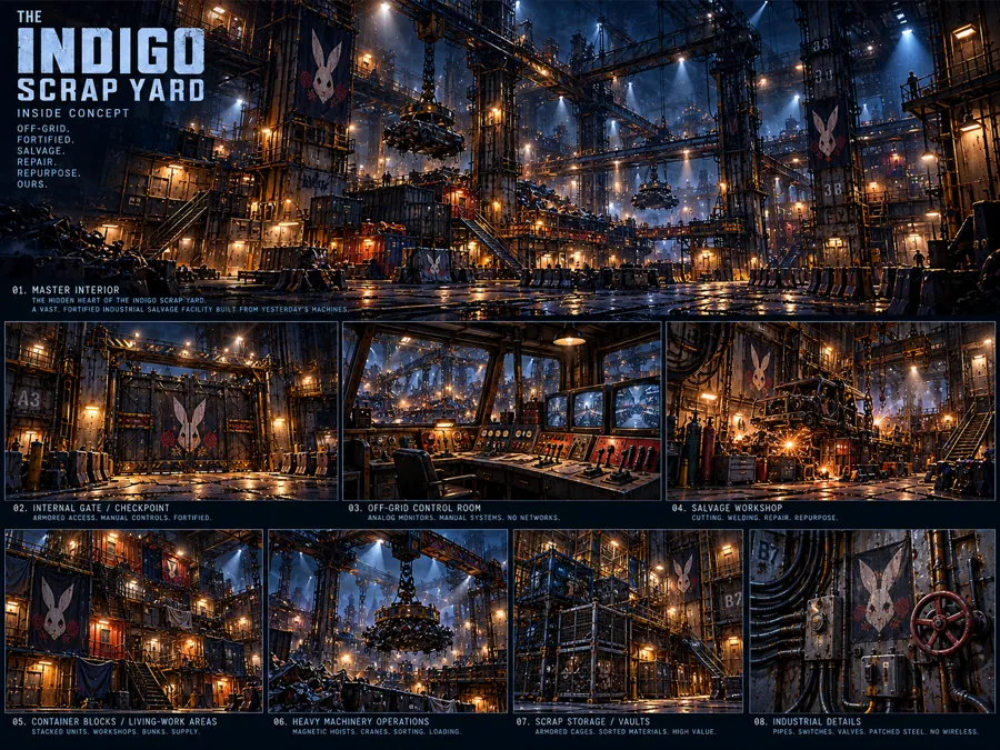 The Indigo Scrap Yard interior concept: a vast industrial hall with magnetic hoists, an analog control room, container living blocks, salvage workshops and armored storage vaults