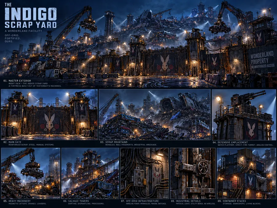 The Indigo Scrap Yard exterior concept: a fortress wall of welded scrap with a rabbit-marked gate, cranes and scrap mountains behind, defensive emplacements and floodlights