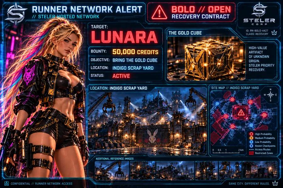 The Lunara BOLO: a Runner Network alert on the Steler hosted network, target Lunara, bounty 50,000 credits, objective the gold cube, location Indigo Scrap Yard, with a live site map