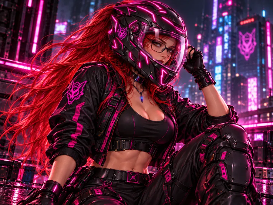 Sprite in her riding helmet: black shell with magenta light lines and the fox mark, red hair spilling out, glasses behind the visor
