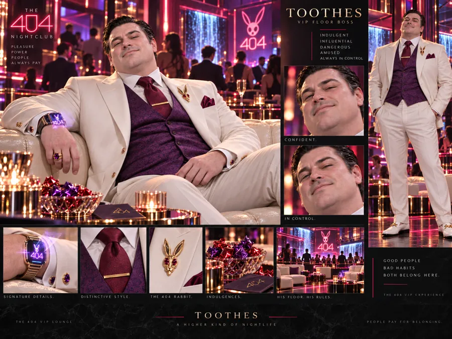 Toothes concept sheet: a heavy-set man in a white suit and purple waistcoat lounging in the 404 VIP lounge, rabbit pin, rings and sweets