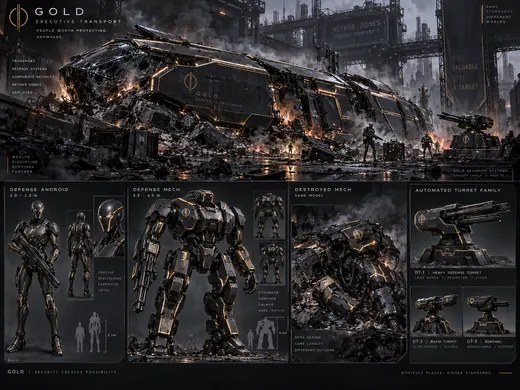 GOLD Defense: Mechs and androids · black and gold