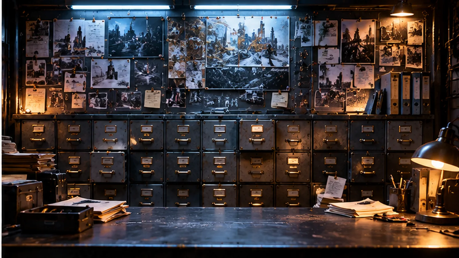 A wall of pinned photographs above rows of steel drawers, a desk lamp, files on the desk