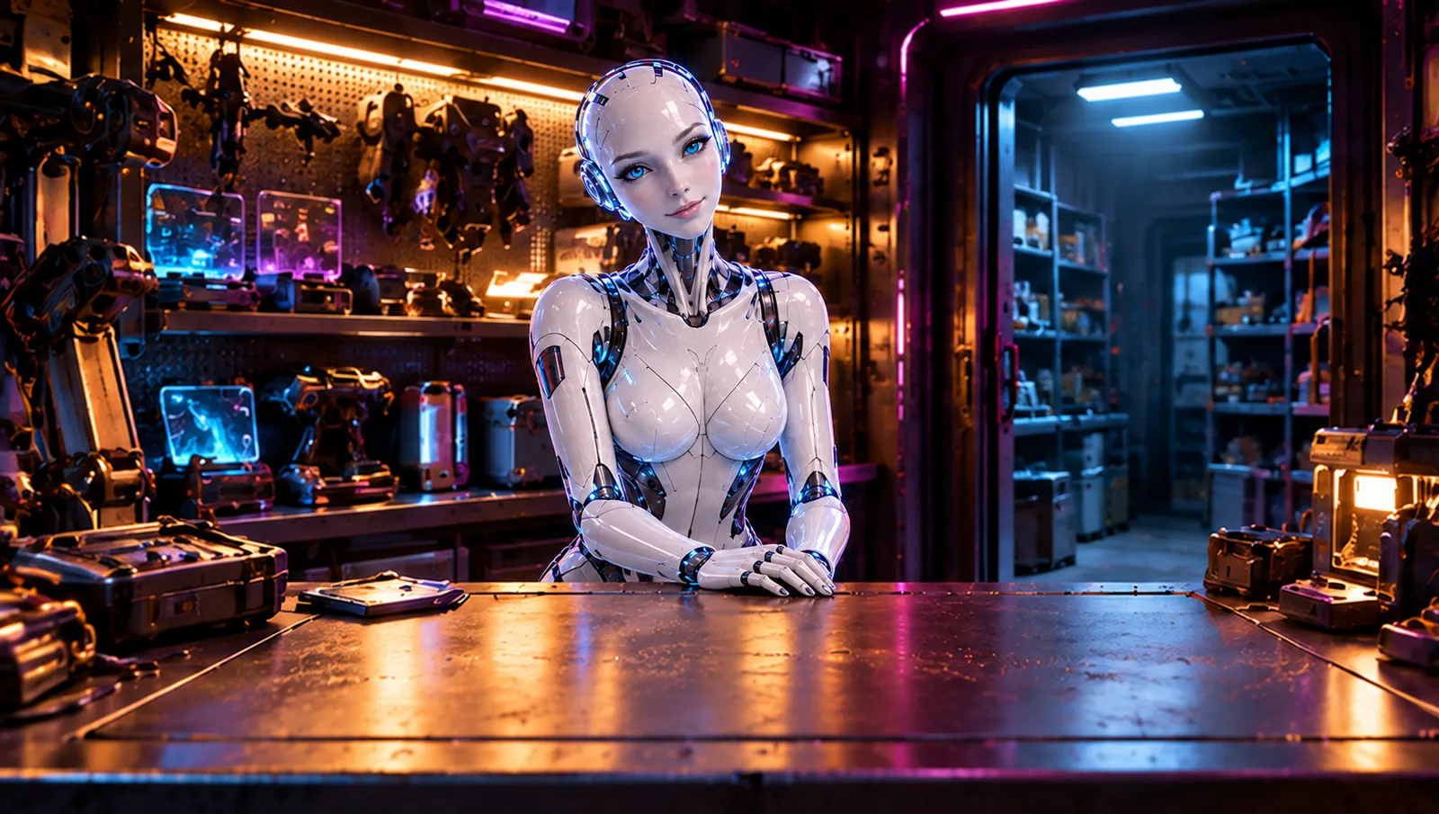 Sil-101 behind the counter at Lunara Comics, shelves of hardware behind her and the stockroom door open