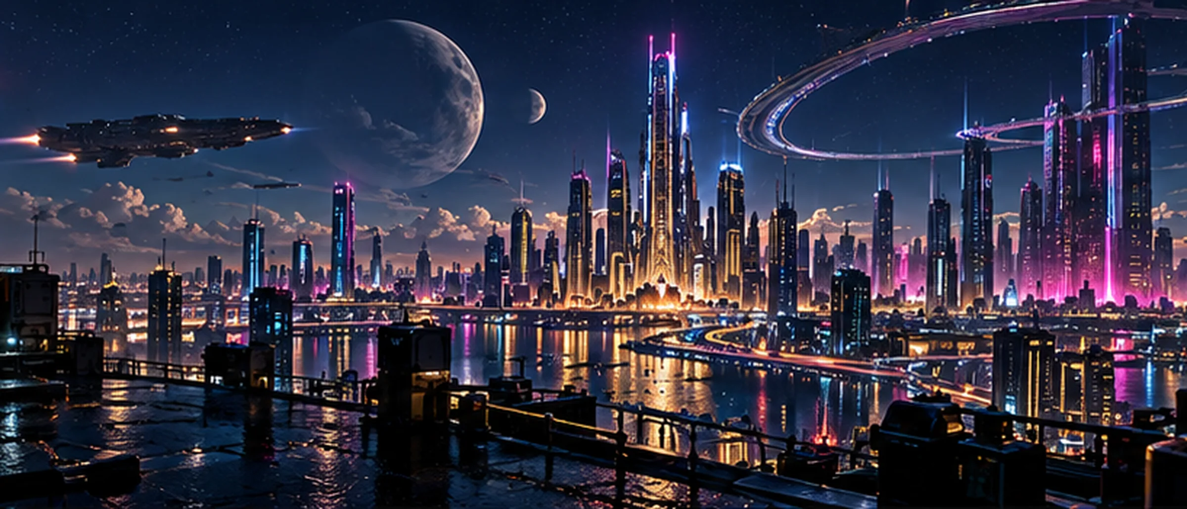 Neon City at night from a rooftop: towers in magenta and gold, a ring road over the water, ships in the sky