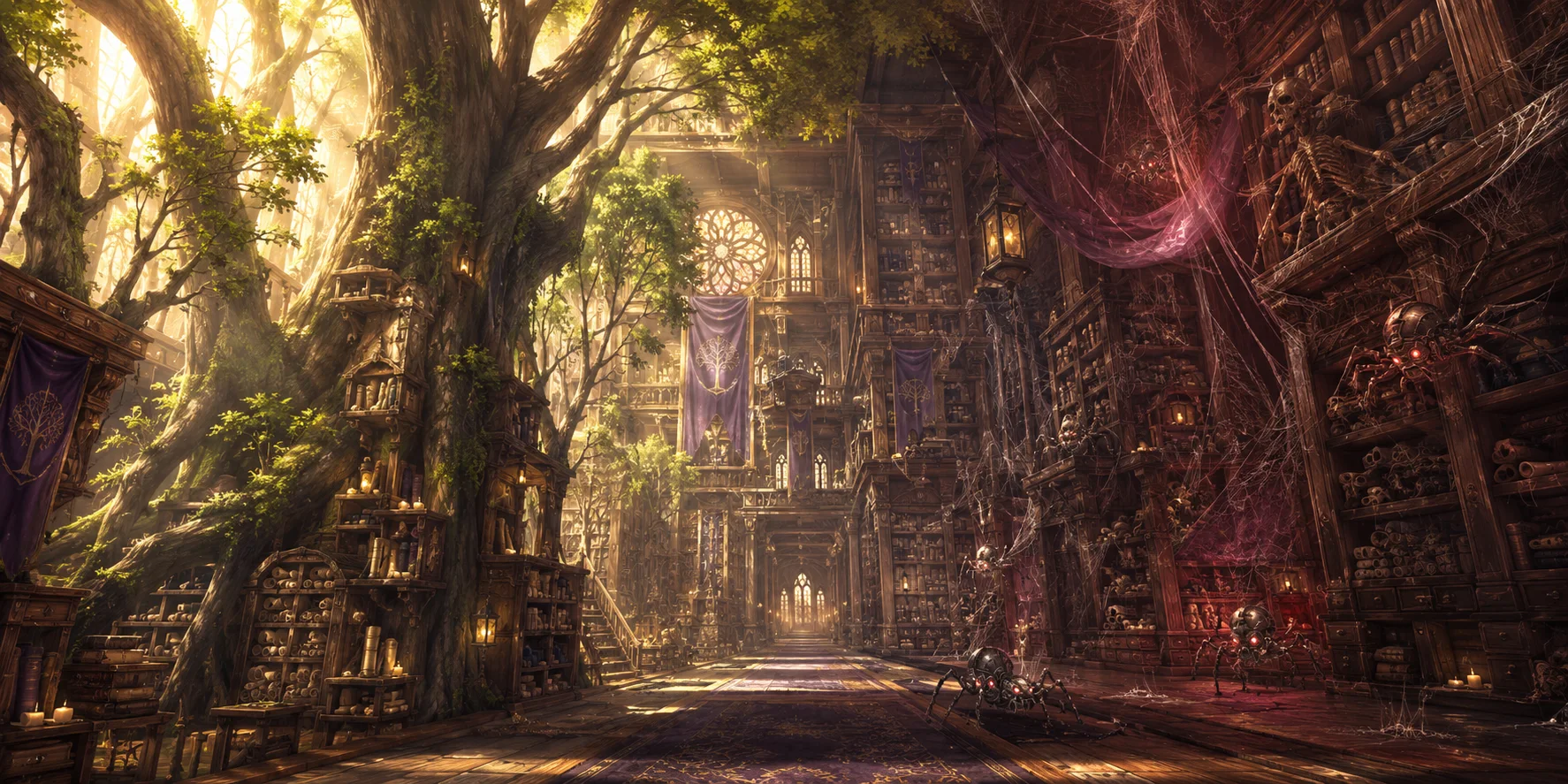 The Great Archive of Terra — a living tree grown through sunlit stacks of scrolls, violet banners over the aisle, steel archive-spiders tending shelves that climb into shadow, and a web-choked crimson wing where a skeleton keeps its last ledger