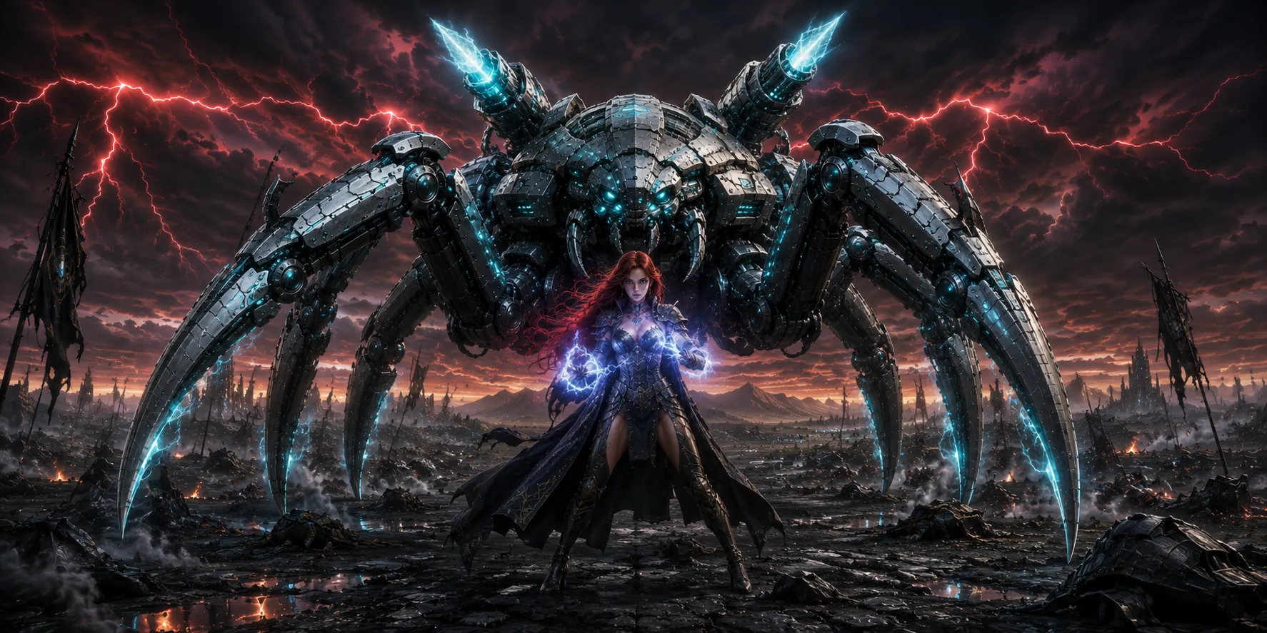 A sorceress gathering storm-light, her colossal guardian spider rising behind her on the war-ravaged plain of Terra